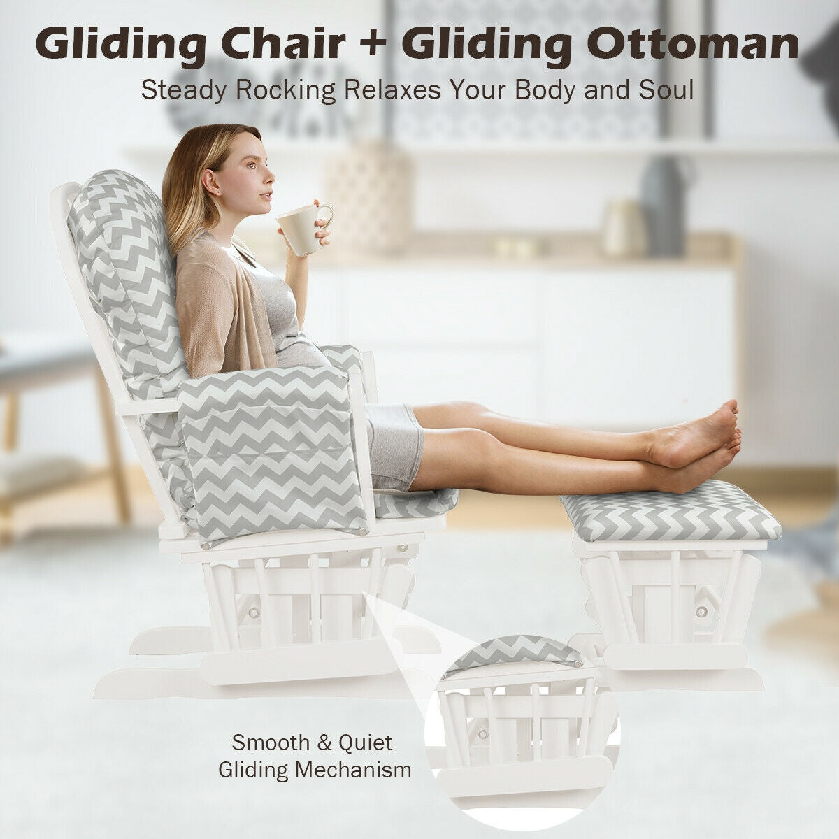 Wood Glider and Ottoman Set with Padded Armrests and Detachable Cushion-Gray and White-Recliners-DECOROLALA