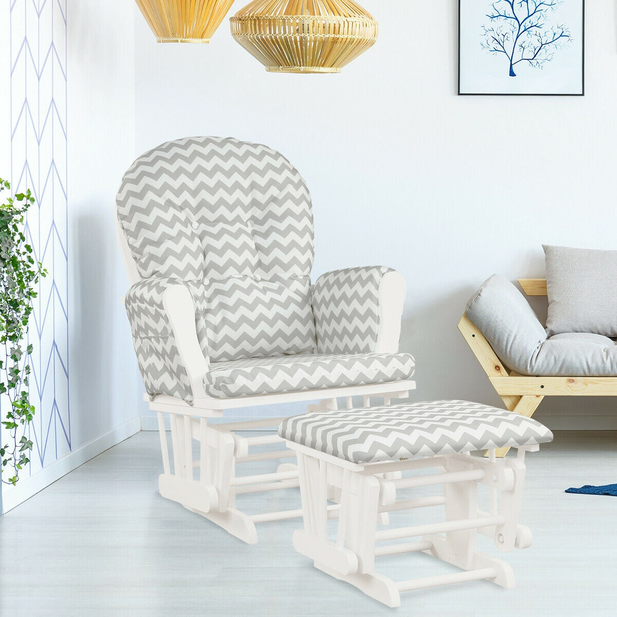 Wood Glider and Ottoman Set with Padded Armrests and Detachable Cushion-Gray and White-Recliners-DECOROLALA