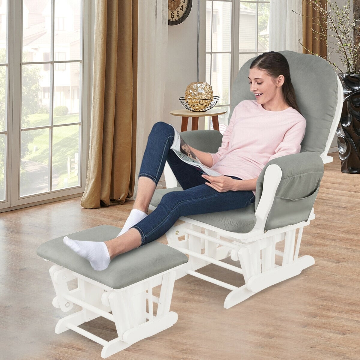 Wood Glider and Ottoman Set with Padded Armrests and Detachable Cushion-Light Gray-Recliners-DECOROLALA