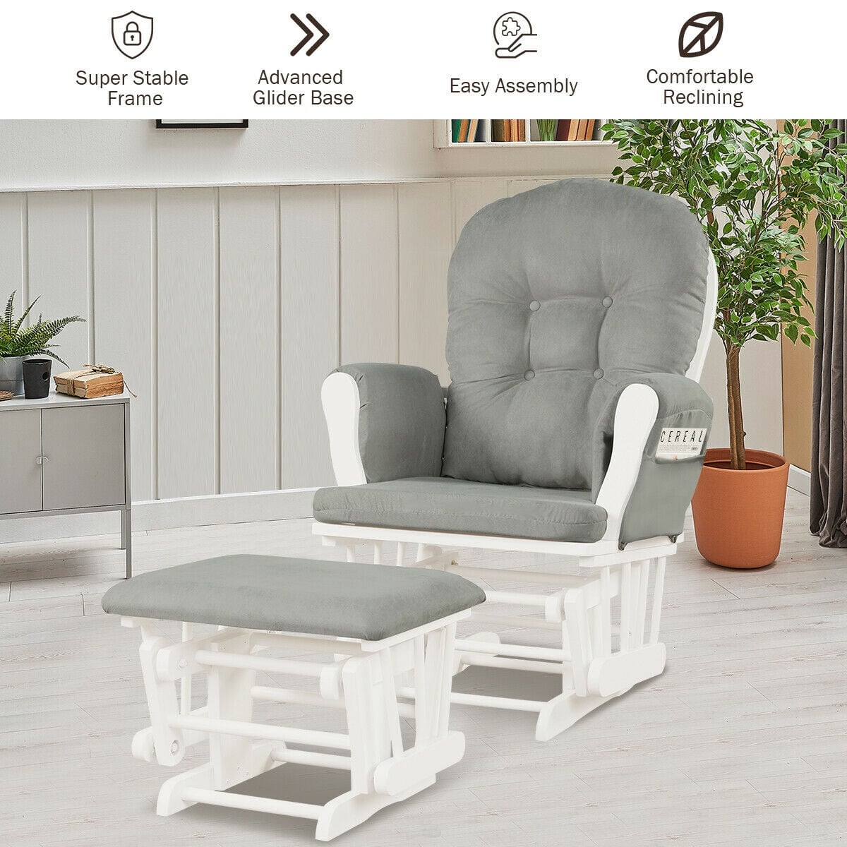 Wood Glider and Ottoman Set with Padded Armrests and Detachable Cushion-Light Gray-Recliners-DECOROLALA