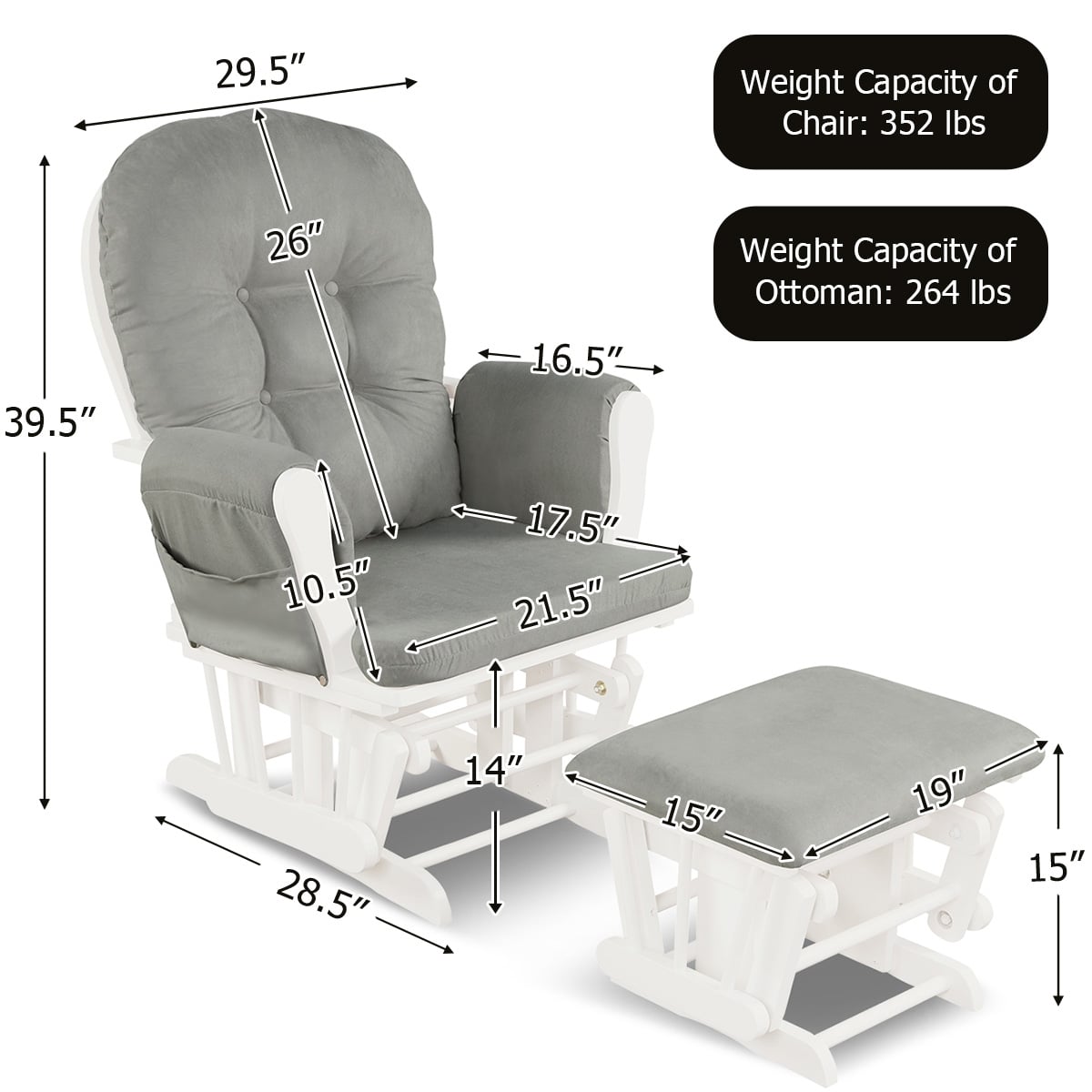 Wood Glider and Ottoman Set with Padded Armrests and Detachable Cushion-Light Gray-Recliners-DECOROLALA