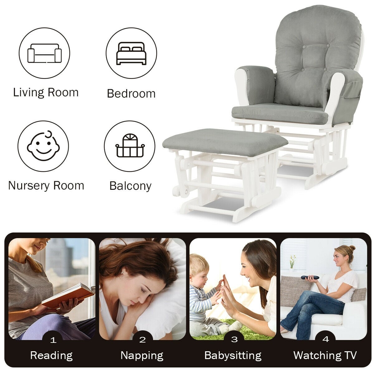 Wood Glider and Ottoman Set with Padded Armrests and Detachable Cushion-Light Gray-Recliners-DECOROLALA