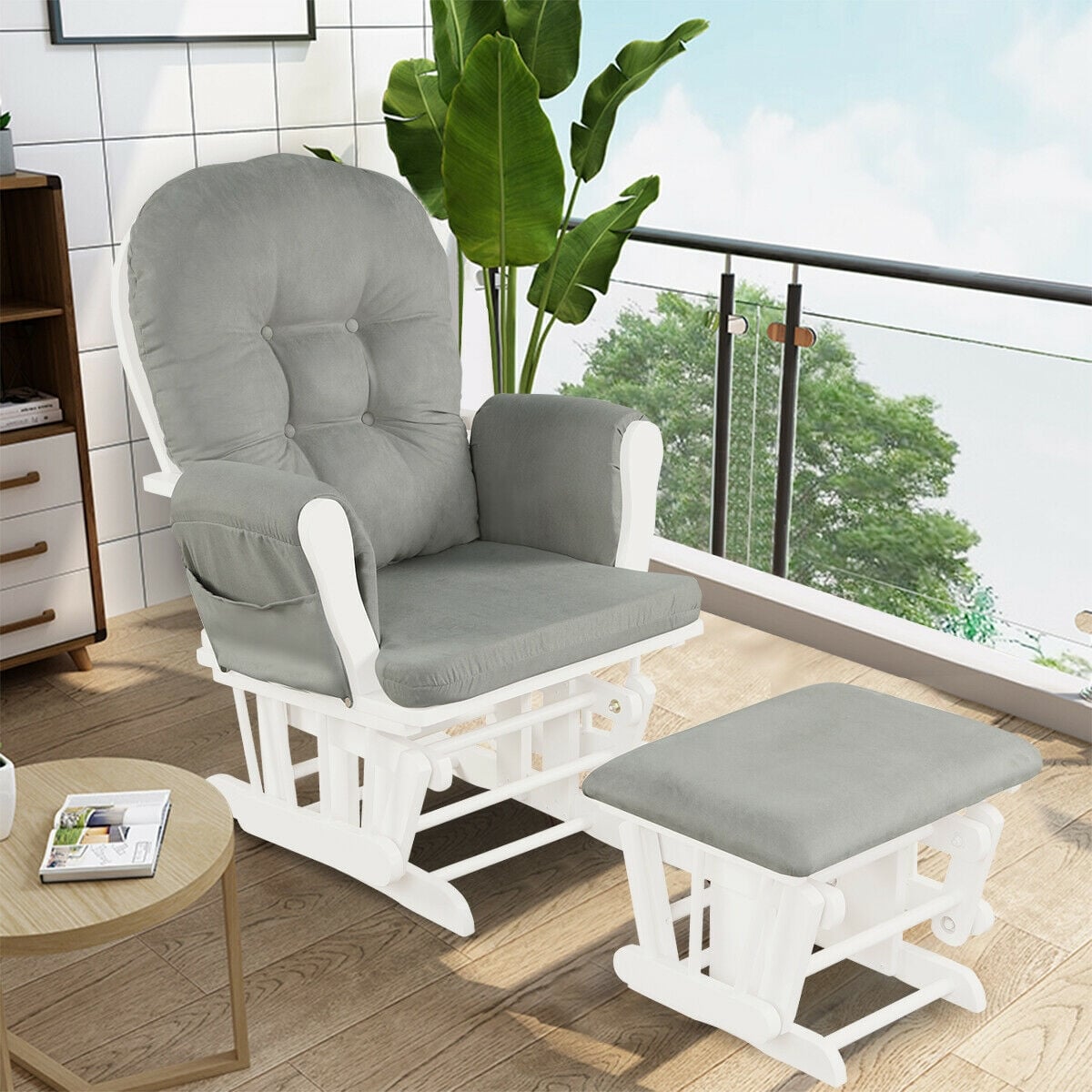 Wood Glider and Ottoman Set with Padded Armrests and Detachable Cushion-Light Gray-Recliners-DECOROLALA