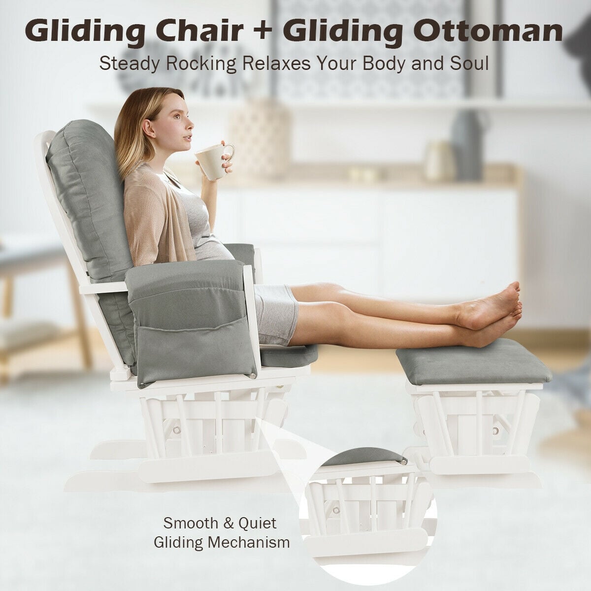 Wood Glider and Ottoman Set with Padded Armrests and Detachable Cushion-Light Gray-Recliners-DECOROLALA