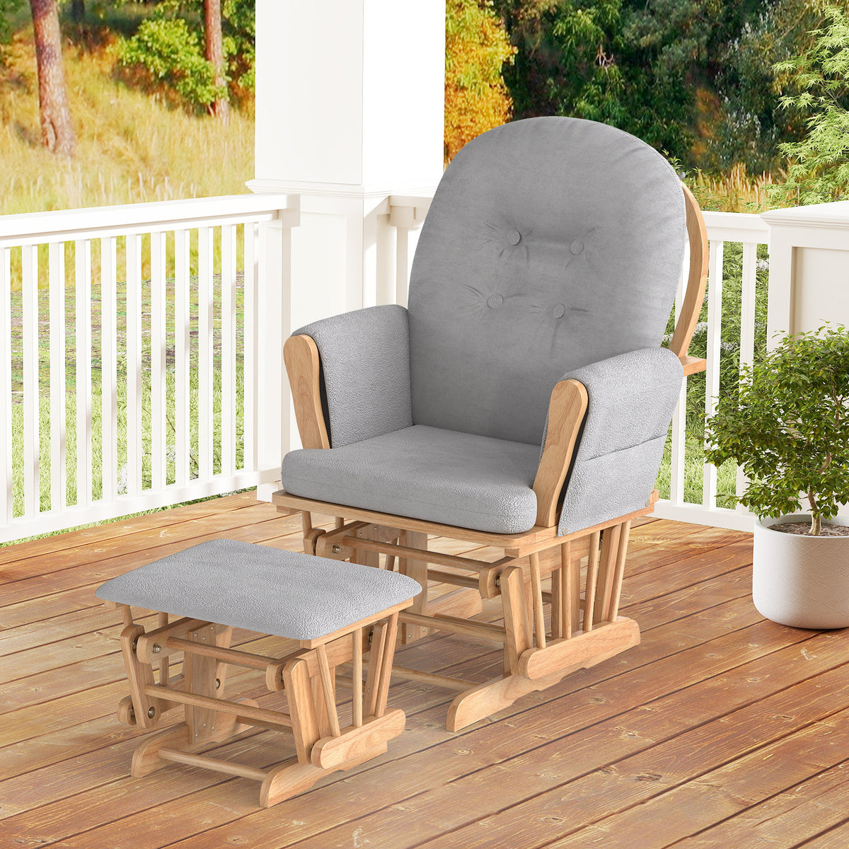 Wood Glider and Ottoman Set with Padded Armrests and Detachable Cushion-Natural-Recliners-DECOROLALA