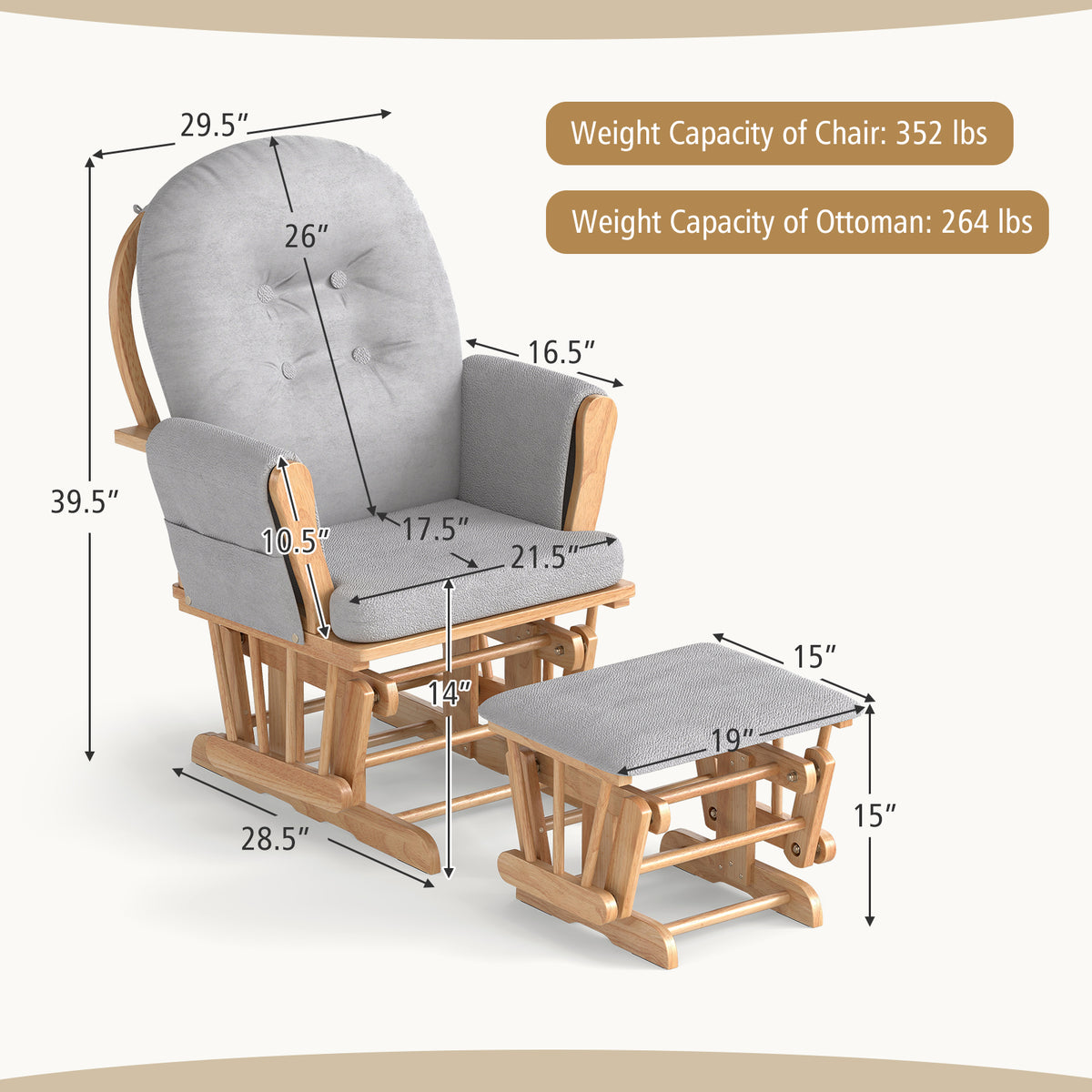 Wood Glider and Ottoman Set with Padded Armrests and Detachable Cushion-Natural-Recliners-DECOROLALA