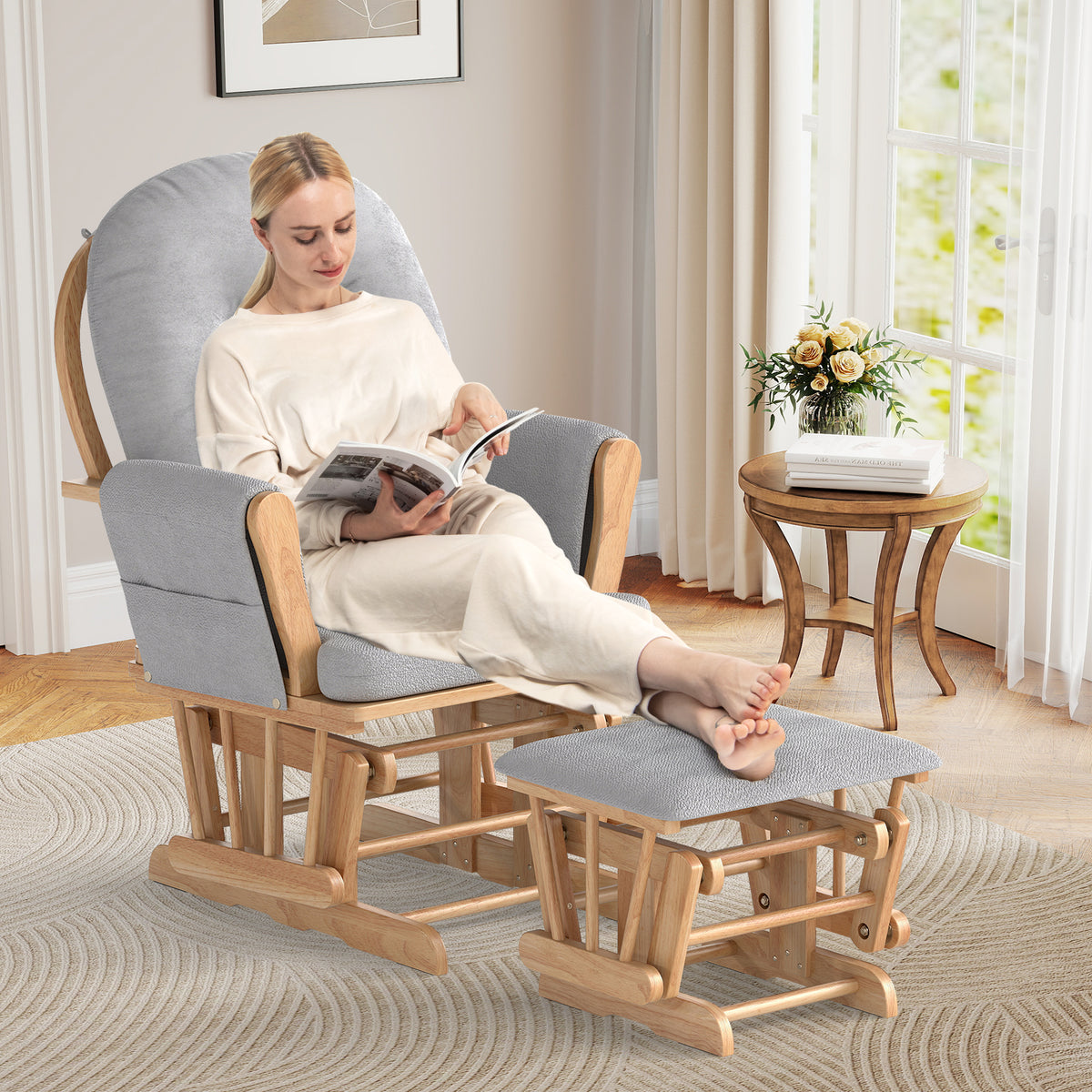 Wood Glider and Ottoman Set with Padded Armrests and Detachable Cushion-Natural-Recliners-DECOROLALA