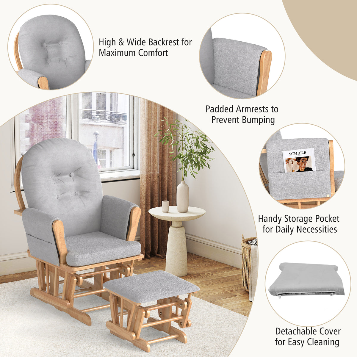 Wood Glider and Ottoman Set with Padded Armrests and Detachable Cushion-Natural-Recliners-DECOROLALA