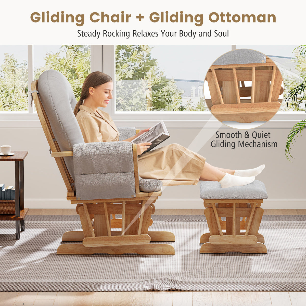 Wood Glider and Ottoman Set with Padded Armrests and Detachable Cushion-Natural-Recliners-DECOROLALA