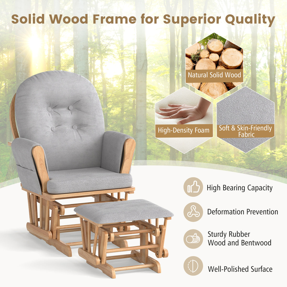 Wood Glider and Ottoman Set with Padded Armrests and Detachable Cushion-Natural-Recliners-DECOROLALA