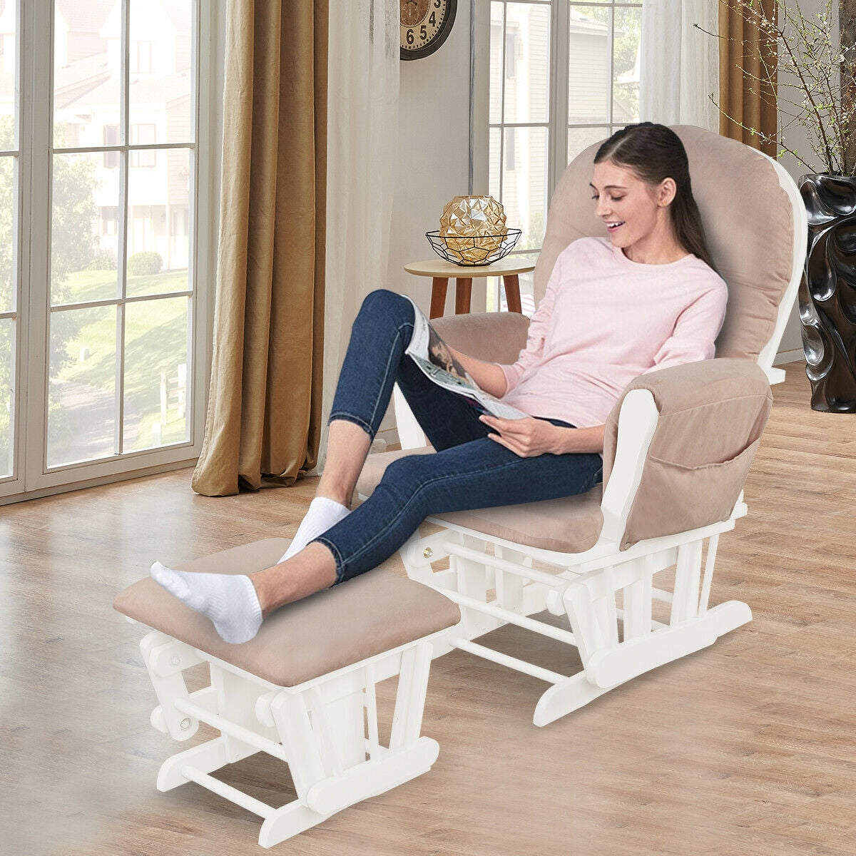 Wood Glider and Ottoman Set with Padded Armrests and Detachable Cushion-Pink-Recliners-DECOROLALA