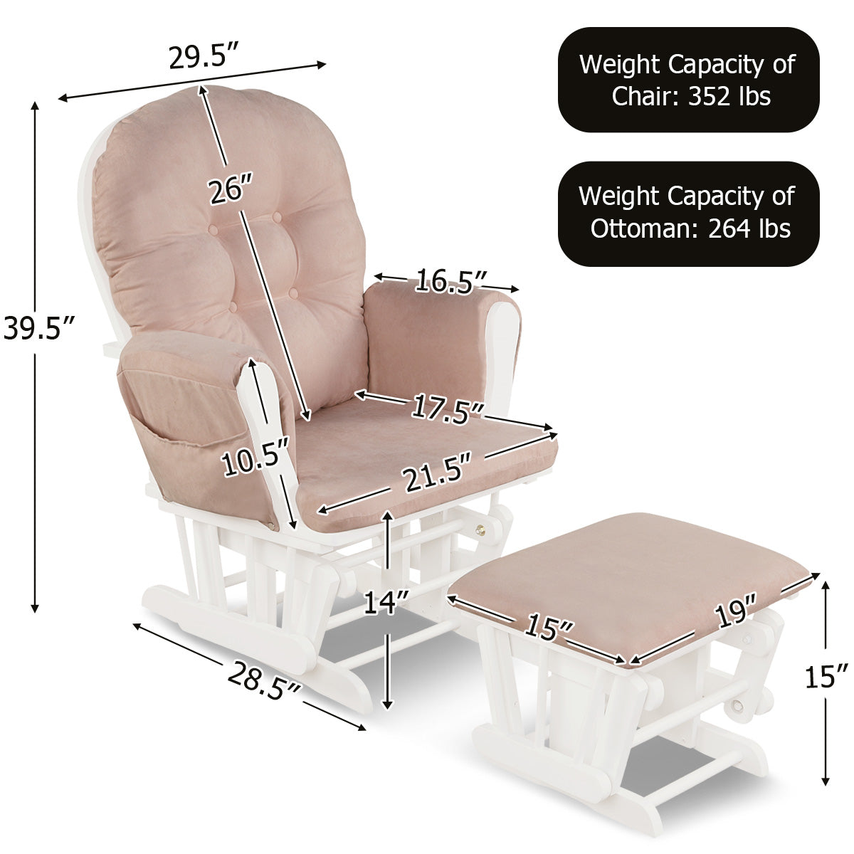 Wood Glider and Ottoman Set with Padded Armrests and Detachable Cushion-Pink-Recliners-DECOROLALA