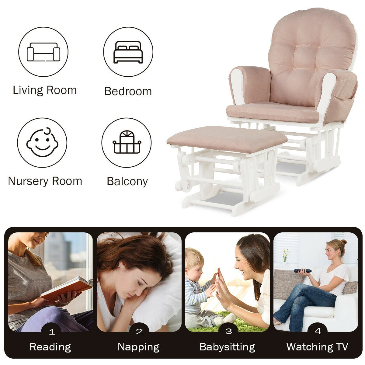 Wood Glider and Ottoman Set with Padded Armrests and Detachable Cushion-Pink-Recliners-DECOROLALA