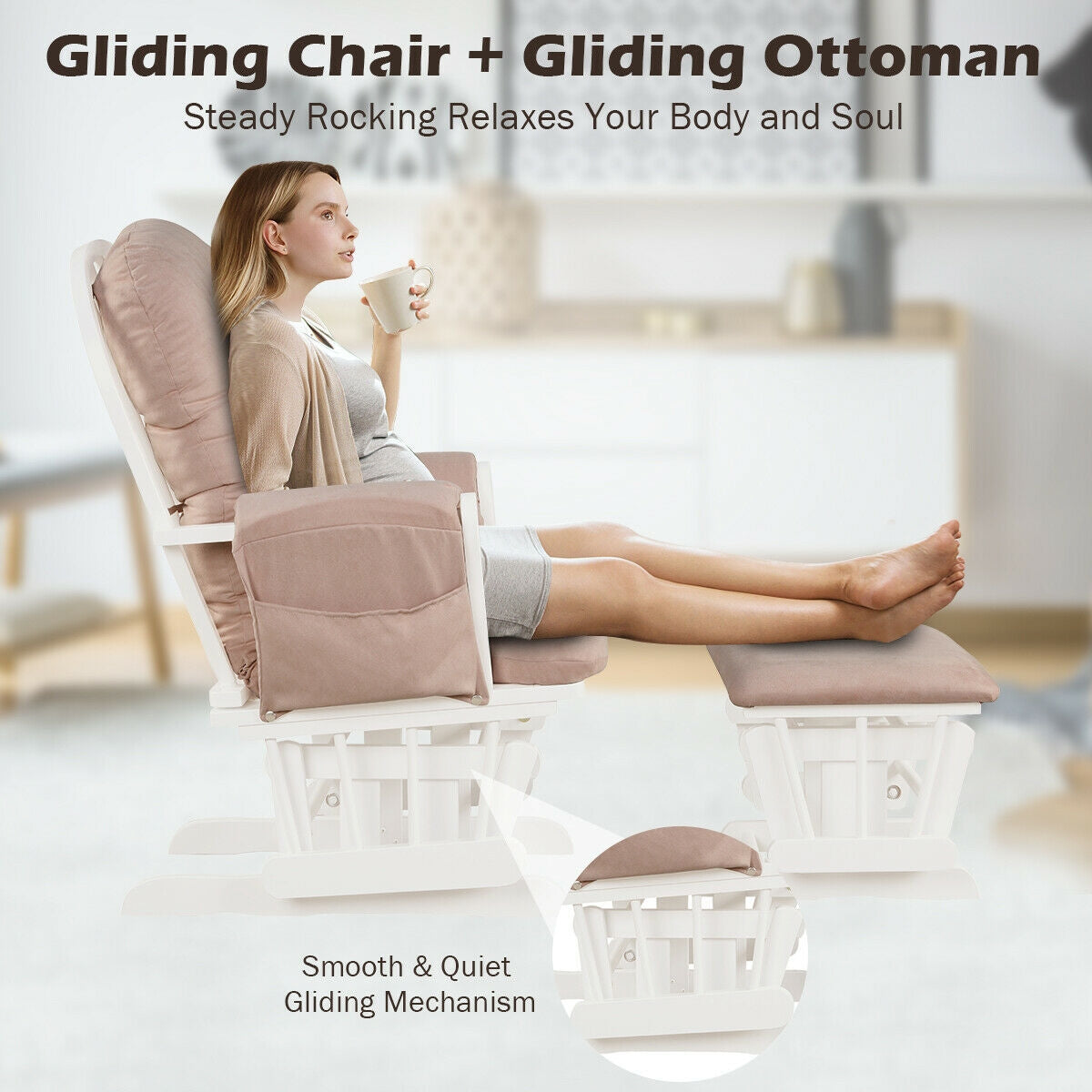 Wood Glider and Ottoman Set with Padded Armrests and Detachable Cushion-Pink-Recliners-DECOROLALA