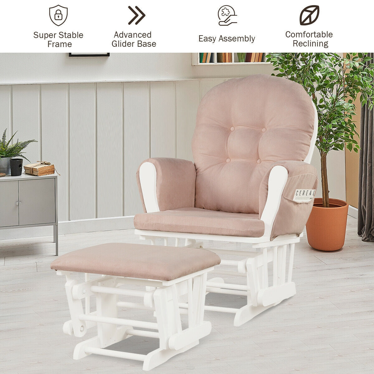 Wood Glider and Ottoman Set with Padded Armrests and Detachable Cushion-Pink-Recliners-DECOROLALA