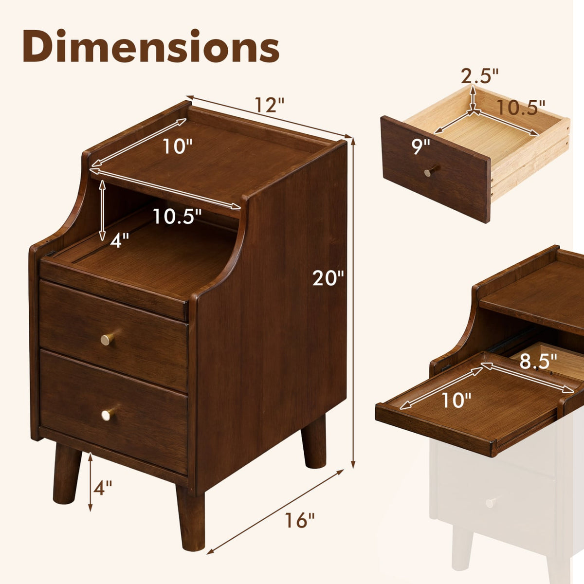 Wood Nightstand Set of 2 with Drawers and Solid Wood Legs-Brown-Nightstands-DECOROLALA