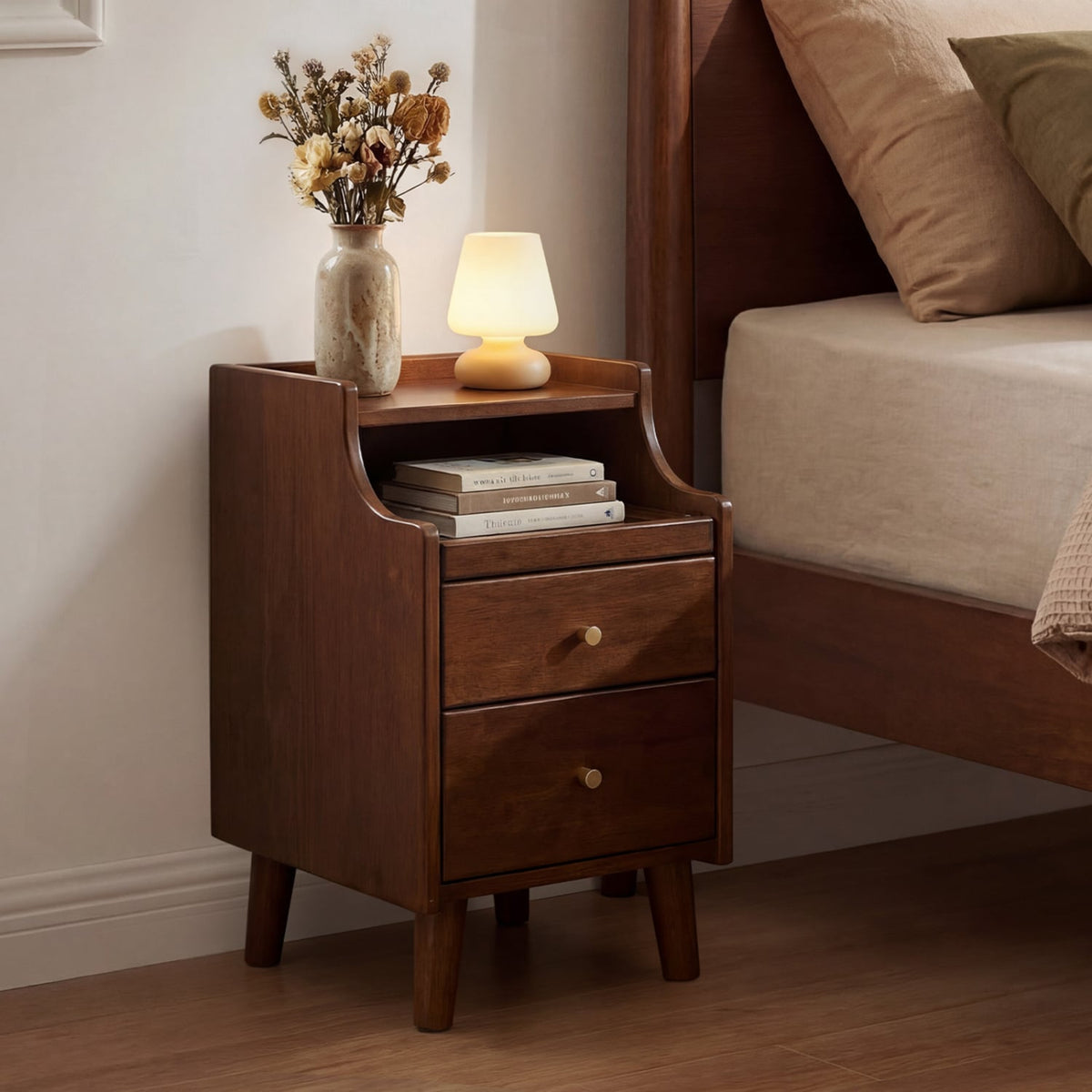Wood Nightstand Set of 2 with Drawers and Solid Wood Legs-Brown-Nightstands-DECOROLALA