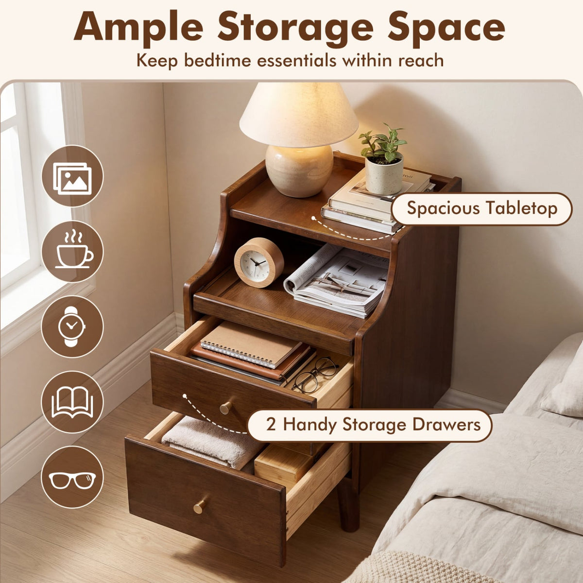 Wood Nightstand Set of 2 with Drawers and Solid Wood Legs-Brown-Nightstands-DECOROLALA