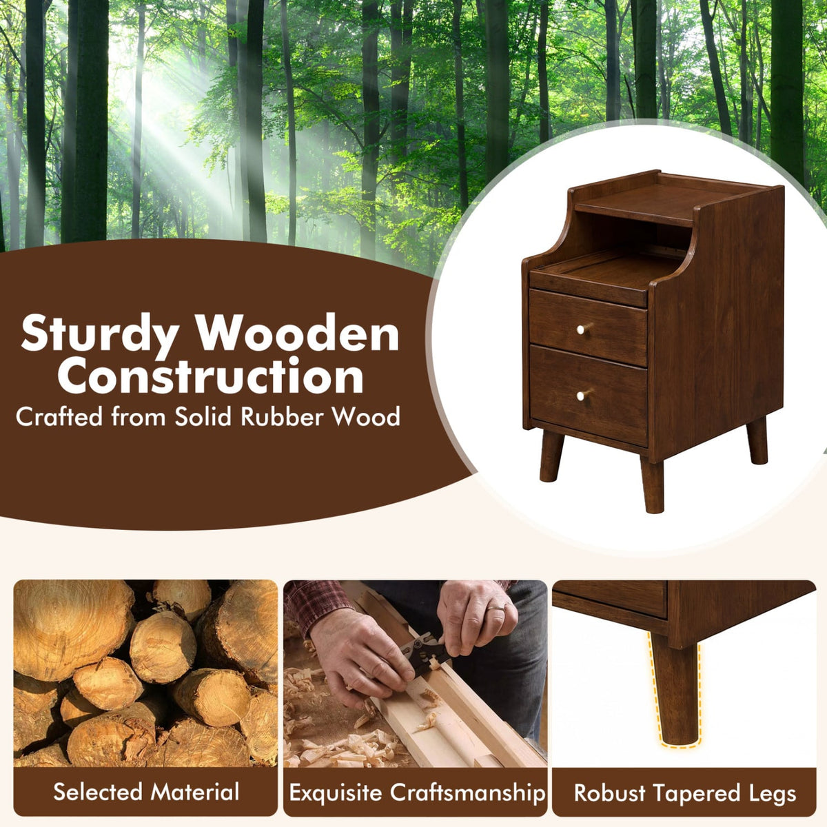 Wood Nightstand Set of 2 with Drawers and Solid Wood Legs-Brown-Nightstands-DECOROLALA