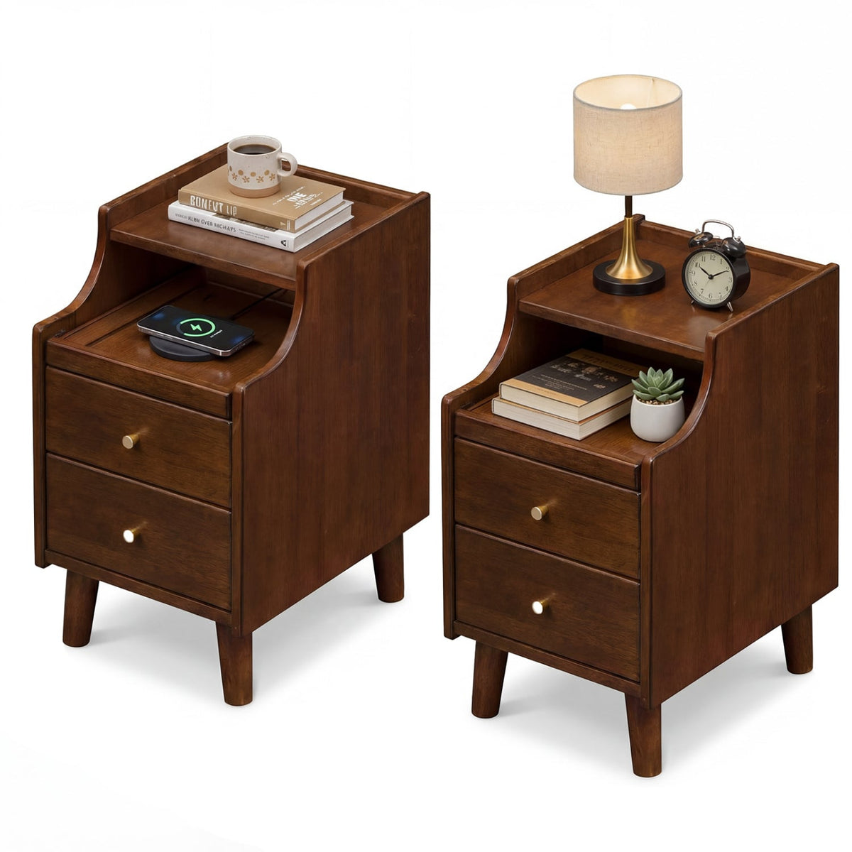 Wood Nightstand Set of 2 with Drawers and Solid Wood Legs-Brown-Nightstands-DECOROLALA