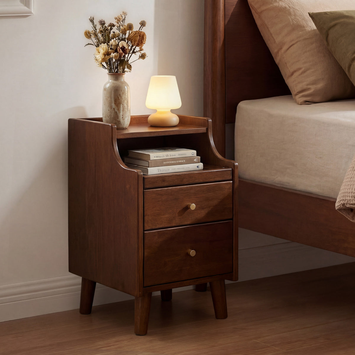 Wood Nightstand with Drawers and Solid Wood Legs for Bedroom-Brown-Nightstands-DECOROLALA