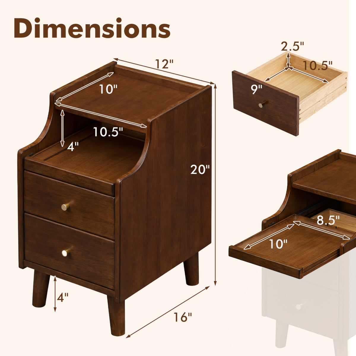 Wood Nightstand with Drawers and Solid Wood Legs for Bedroom-Brown-Nightstands-DECOROLALA