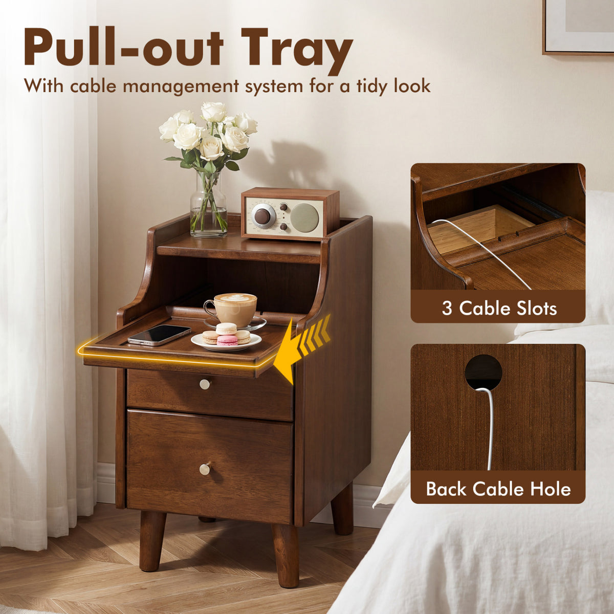 Wood Nightstand with Drawers and Solid Wood Legs for Bedroom-Brown-Nightstands-DECOROLALA