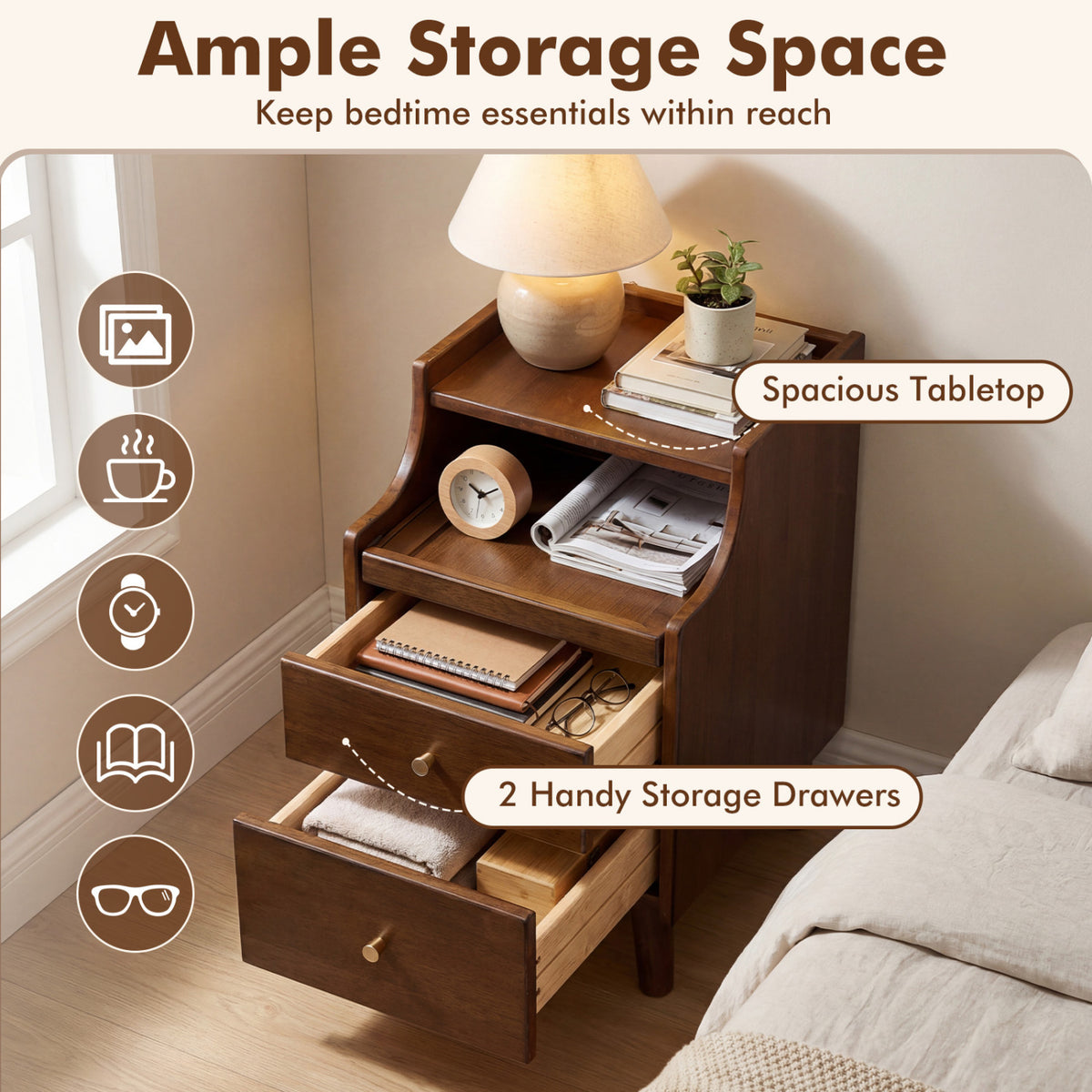 Wood Nightstand with Drawers and Solid Wood Legs for Bedroom-Brown-Nightstands-DECOROLALA