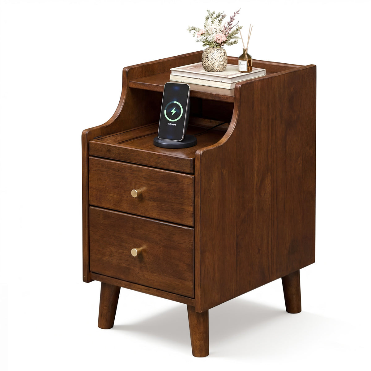 Wood Nightstand with Drawers and Solid Wood Legs for Bedroom-Brown-Nightstands-DECOROLALA
