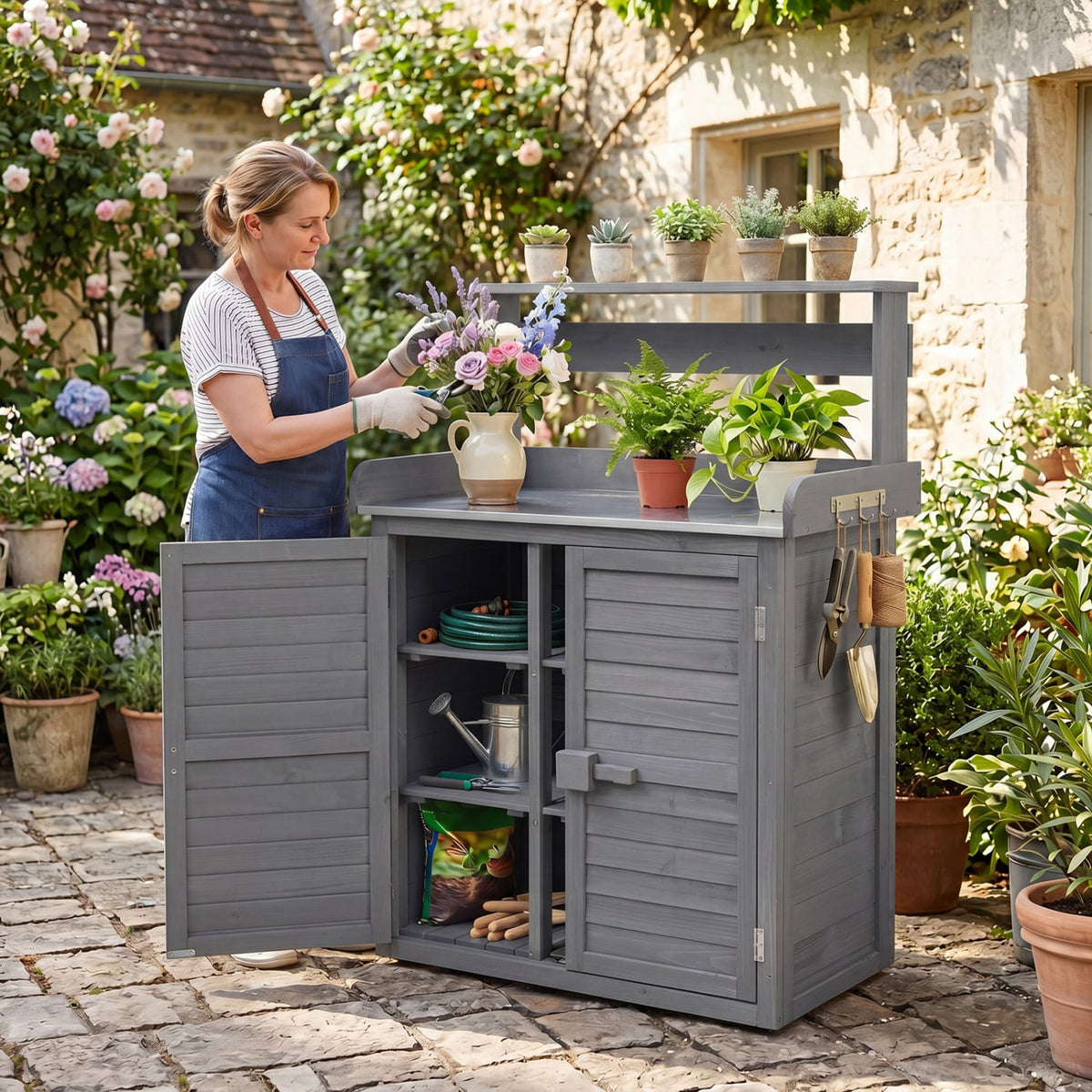 Wood Plant Workstation with Stainless Steel Tabletop and Removable Shelves-Gray-Potting Benches & Tables-DECOROLALA