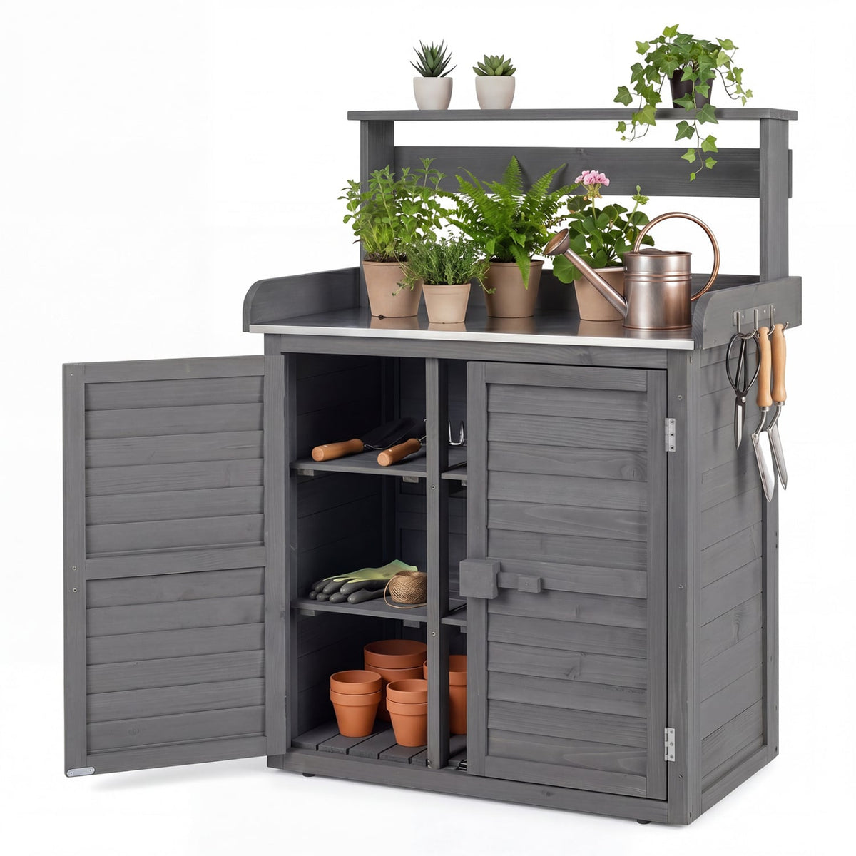 Wood Plant Workstation with Stainless Steel Tabletop and Removable Shelves-Gray-Potting Benches & Tables-DECOROLALA