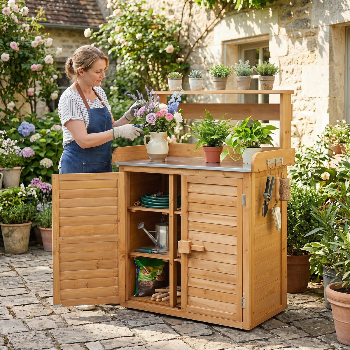 Wood Plant Workstation with Stainless Steel Tabletop and Removable Shelves-Natrual-Potting Benches & Tables-DECOROLALA