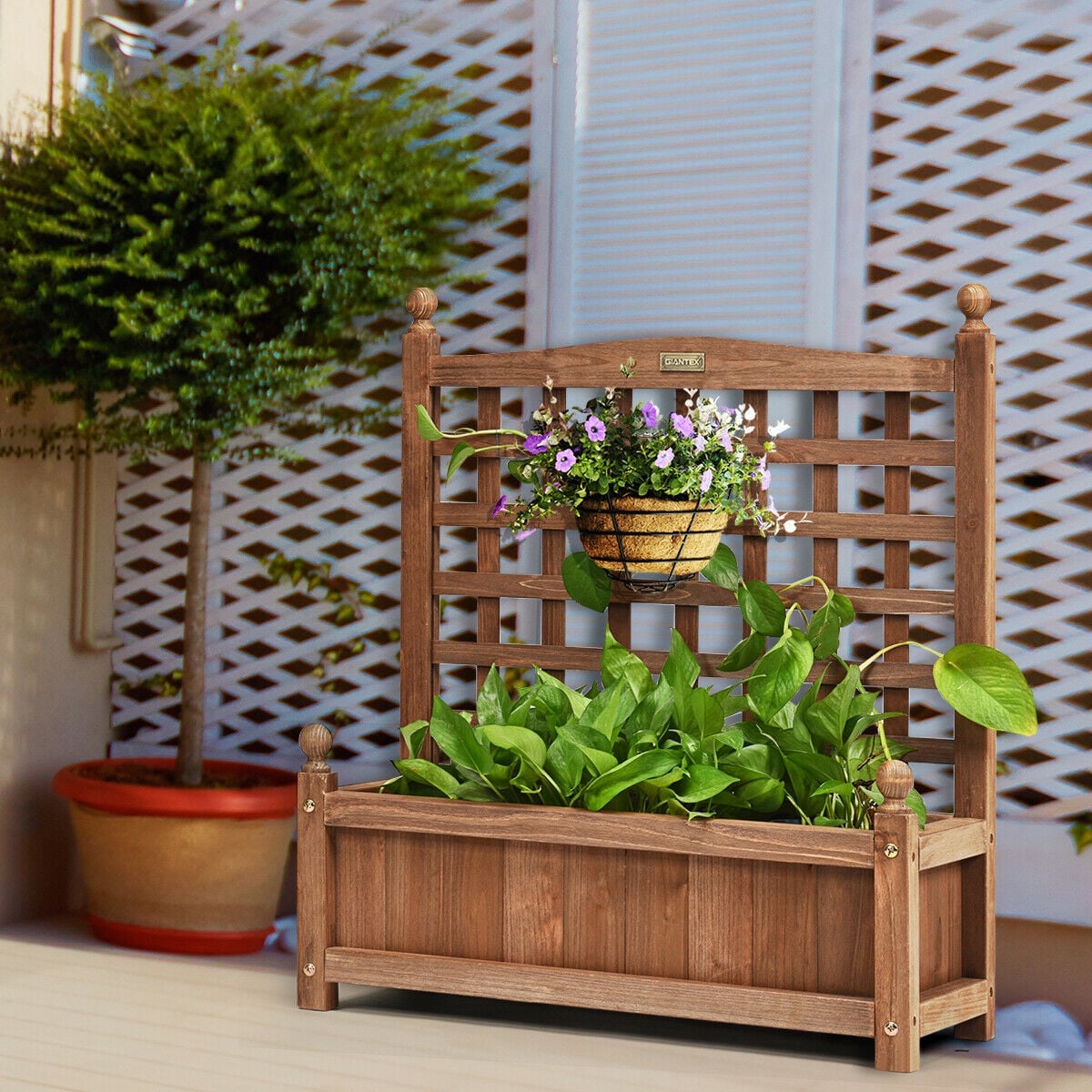 Wood Planter Box with Trellis Weather-resistant Outdoor-Raised Garden Beds-DECOROLALA