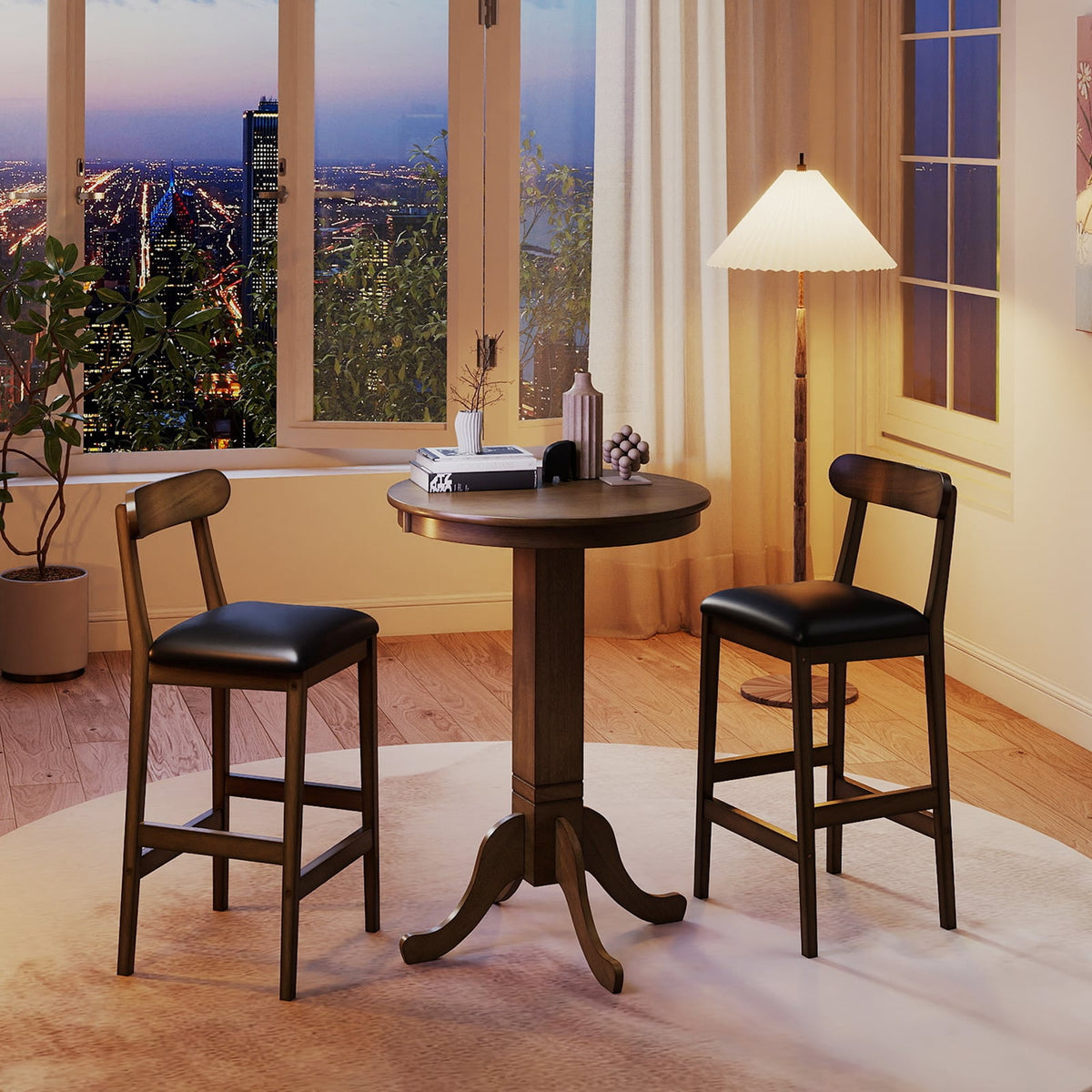 Wood Pub Round Dining Table with Pedestal Base-Gray-Dining Tables-DECOROLALA