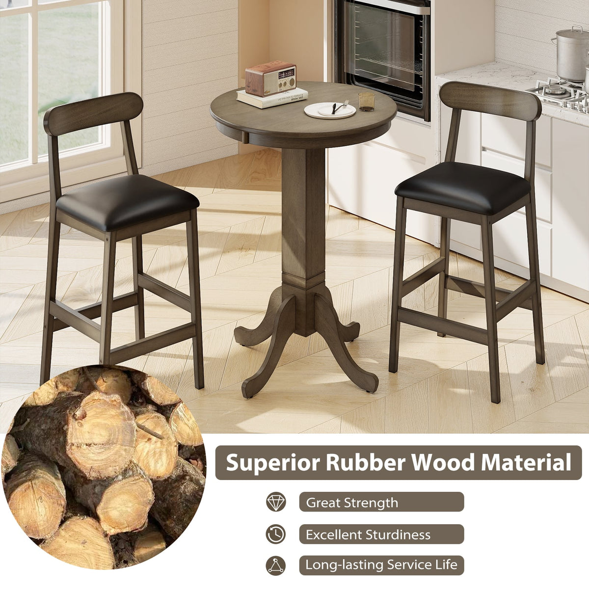 Wood Pub Round Dining Table with Pedestal Base-Gray-Dining Tables-DECOROLALA