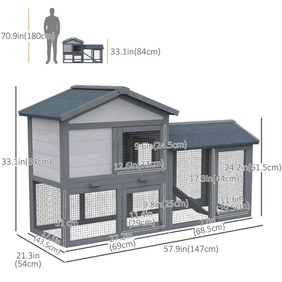 Wood Rabbit Hutch with Outdoor Run and Asphalt Roof - Grey-Small Animals-DECOROLALA