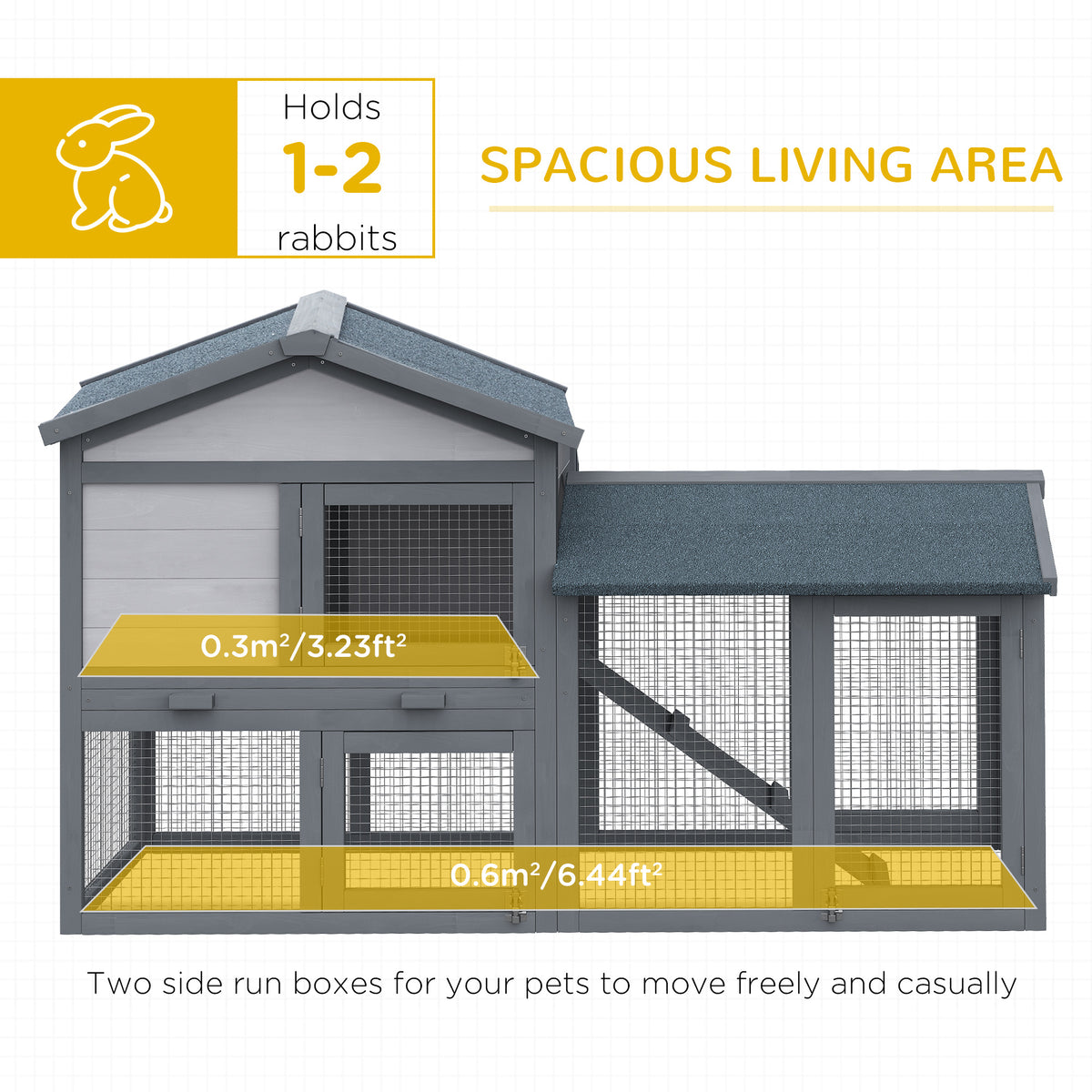 Wood Rabbit Hutch with Outdoor Run and Asphalt Roof - Grey-Small Animals-DECOROLALA