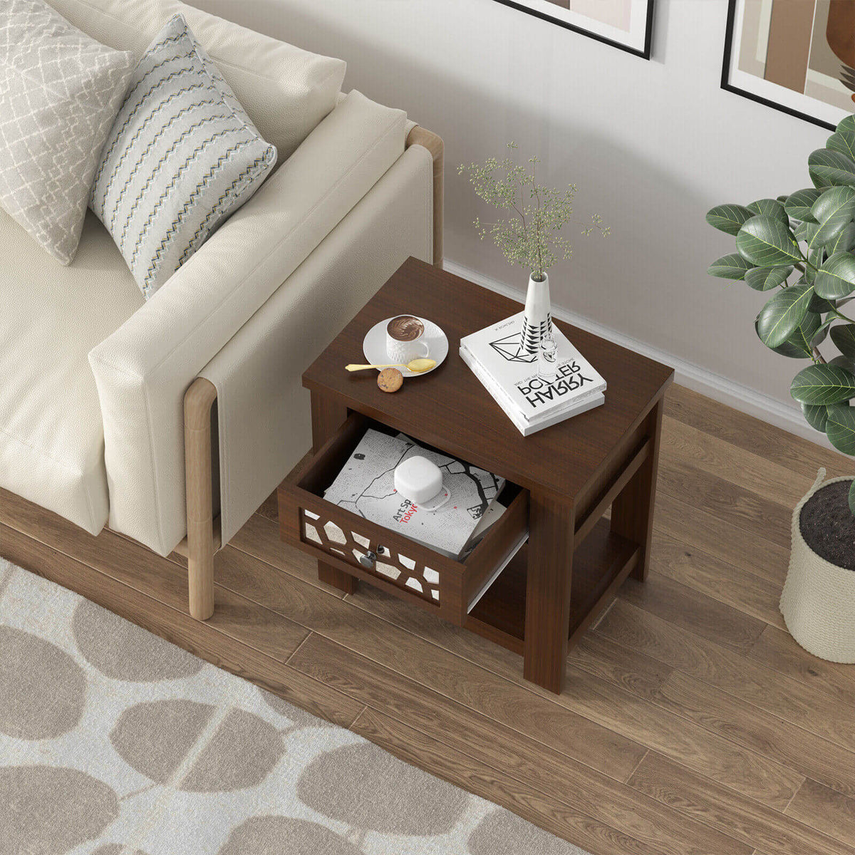 Wood Retro End Table with Mirrored Glass Drawer and Open Storage Shelf-Brown-End & Side Tables-DECOROLALA
