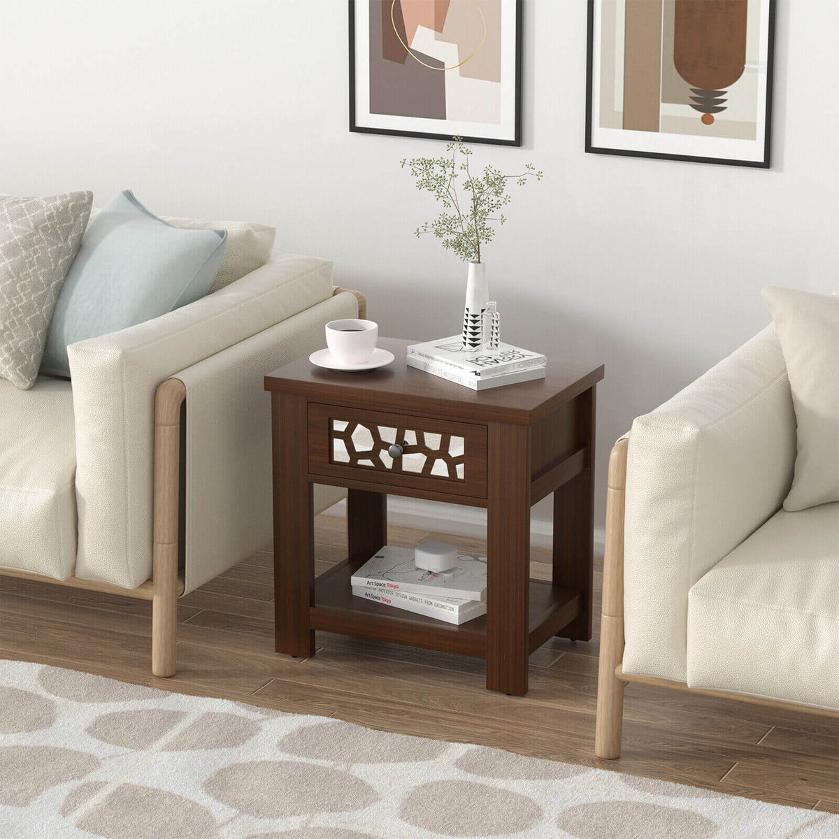 Wood Retro End Table with Mirrored Glass Drawer and Open Storage Shelf-Brown-End & Side Tables-DECOROLALA