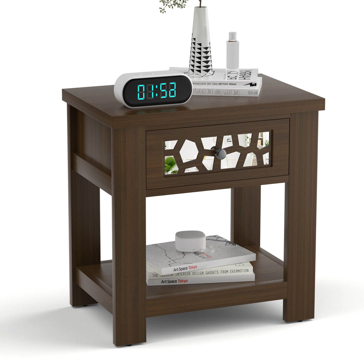 Wood Retro End Table with Mirrored Glass Drawer and Open Storage Shelf-Brown-End & Side Tables-DECOROLALA