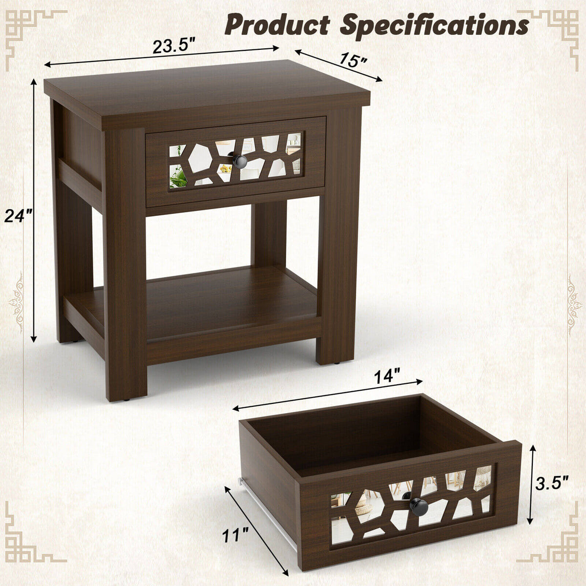 Wood Retro End Table with Mirrored Glass Drawer and Open Storage Shelf-Brown-End & Side Tables-DECOROLALA