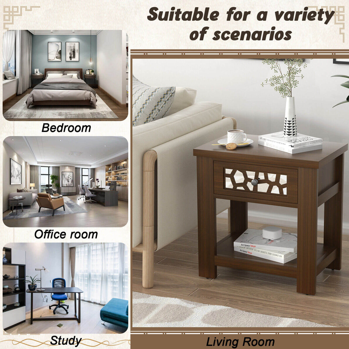 Wood Retro End Table with Mirrored Glass Drawer and Open Storage Shelf-Brown-End & Side Tables-DECOROLALA