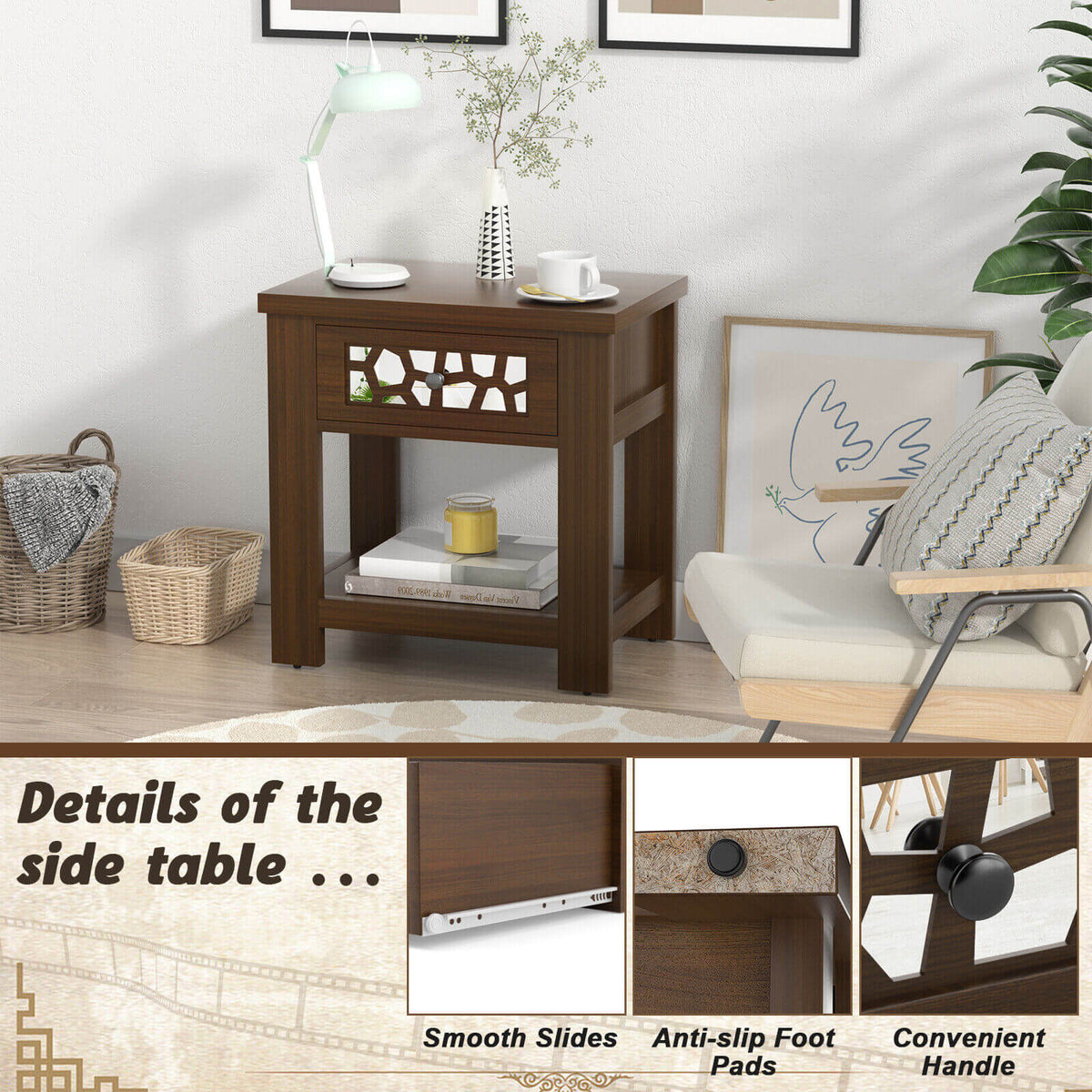 Wood Retro End Table with Mirrored Glass Drawer and Open Storage Shelf-Brown-End & Side Tables-DECOROLALA