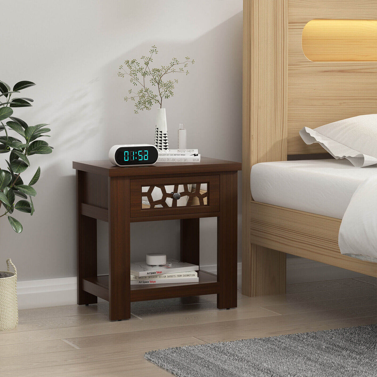 Wood Retro End Table with Mirrored Glass Drawer and Open Storage Shelf-Brown-End & Side Tables-DECOROLALA