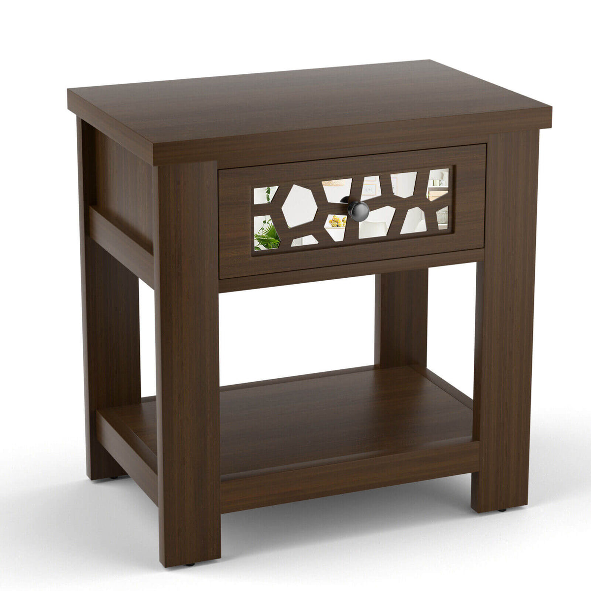 Wood Retro End Table with Mirrored Glass Drawer and Open Storage Shelf-Brown-End & Side Tables-DECOROLALA