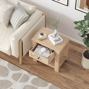 Wood Retro End Table with Mirrored Glass Drawer and Open Storage Shelf-Natural-End & Side Tables-DECOROLALA