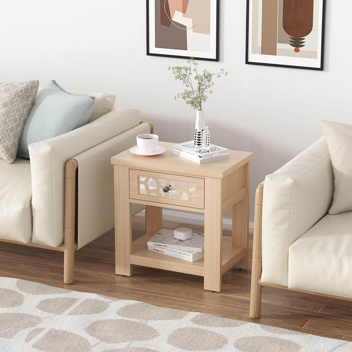 Wood Retro End Table with Mirrored Glass Drawer and Open Storage Shelf-Natural-End & Side Tables-DECOROLALA