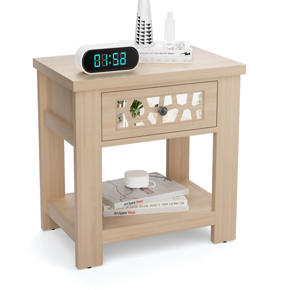 Wood Retro End Table with Mirrored Glass Drawer and Open Storage Shelf-Natural-End & Side Tables-DECOROLALA