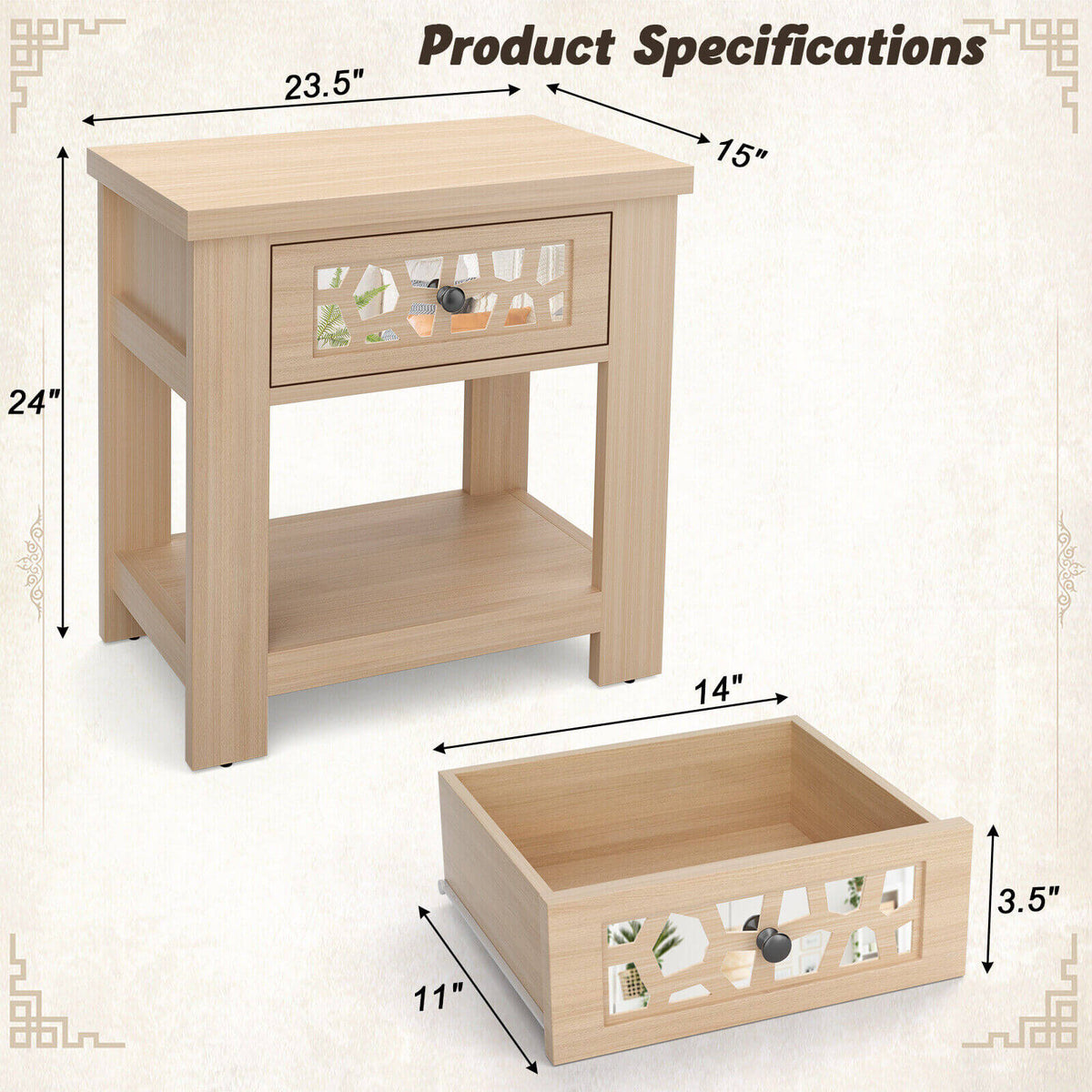 Wood Retro End Table with Mirrored Glass Drawer and Open Storage Shelf-Natural-End & Side Tables-DECOROLALA