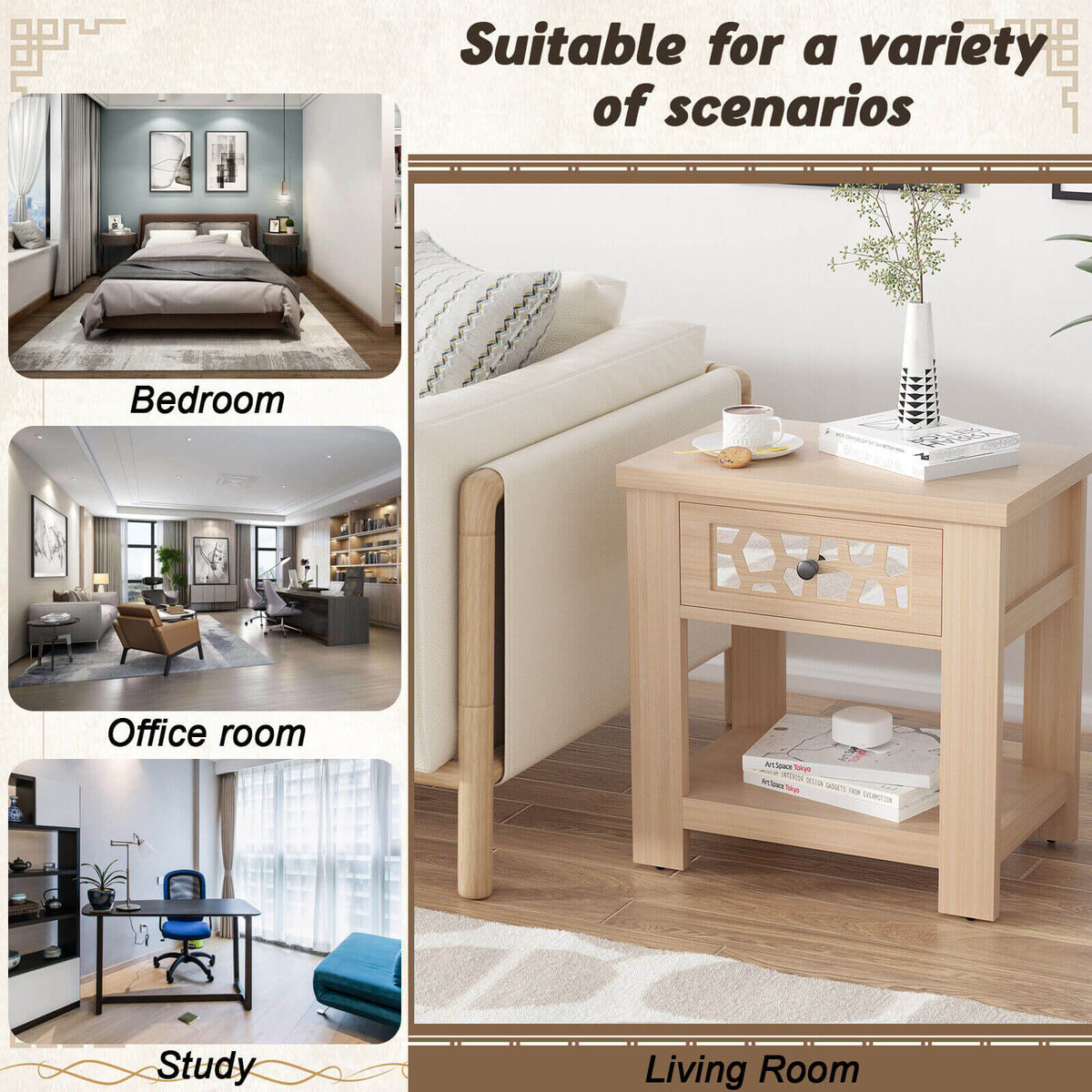 Wood Retro End Table with Mirrored Glass Drawer and Open Storage Shelf-Natural-End & Side Tables-DECOROLALA